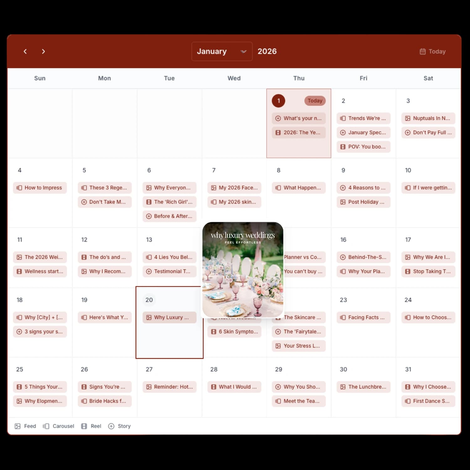 The Social Planner monthly content calendar dashboard with captions, templates, and hashtags for each day
