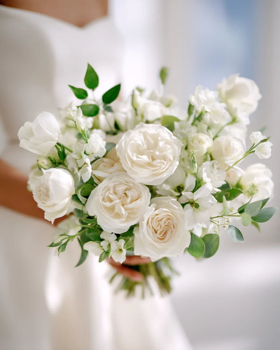 White rose bridal bouquet with greenery from the wedding stock content library