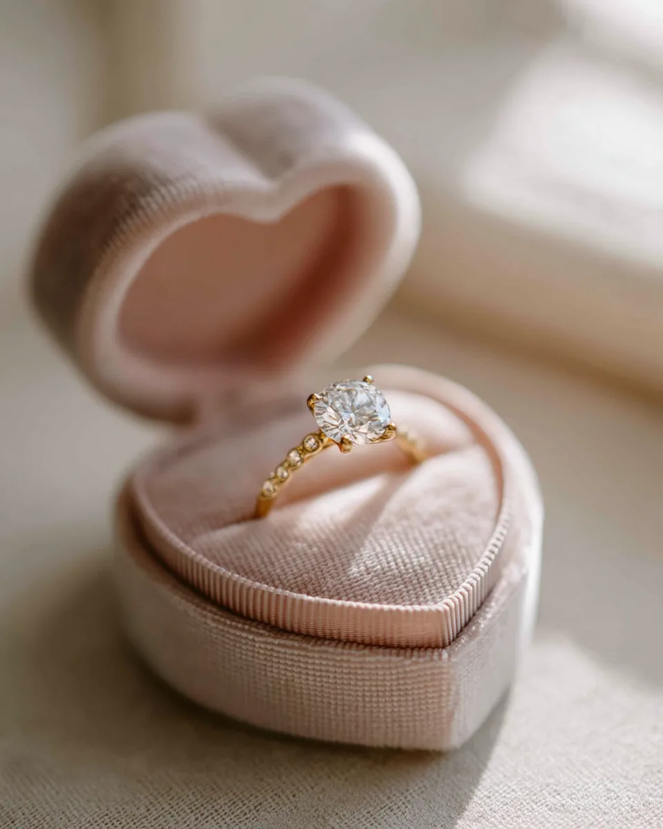 Engagement ring detail shot in a blush heart ring box, a photographer’s signature image