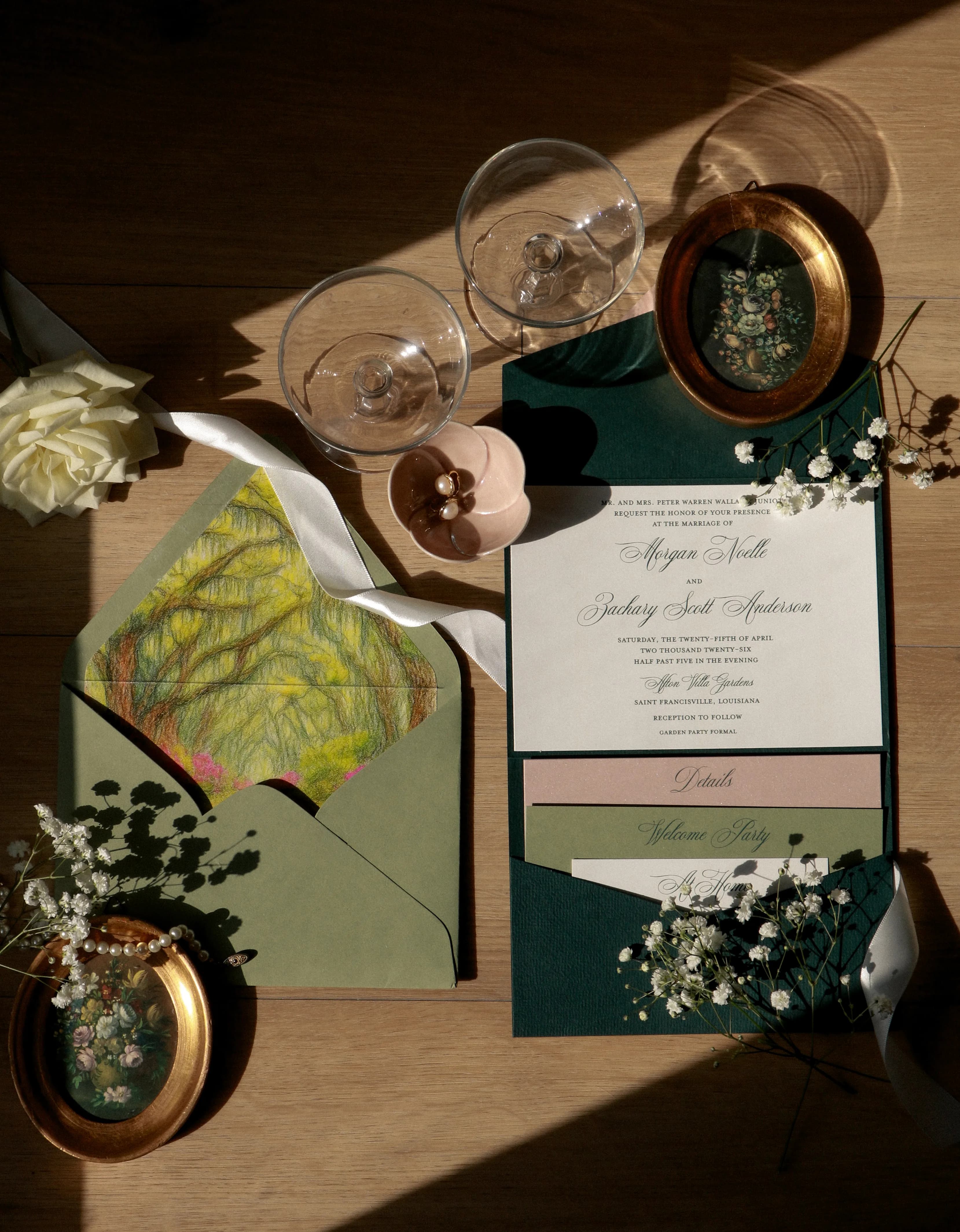 Styled wedding invitation suite flat lay representing a wedding planner’s desk