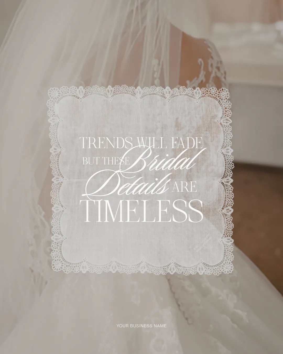 Timeless bridal details carousel template with lace veil background from the August 2026 drop